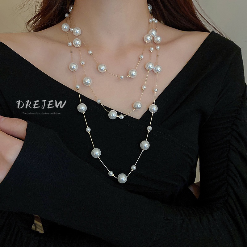 DREJEW Dây chuyền ngọc trai dáng dài phong cách hoàng gia thanh lịch