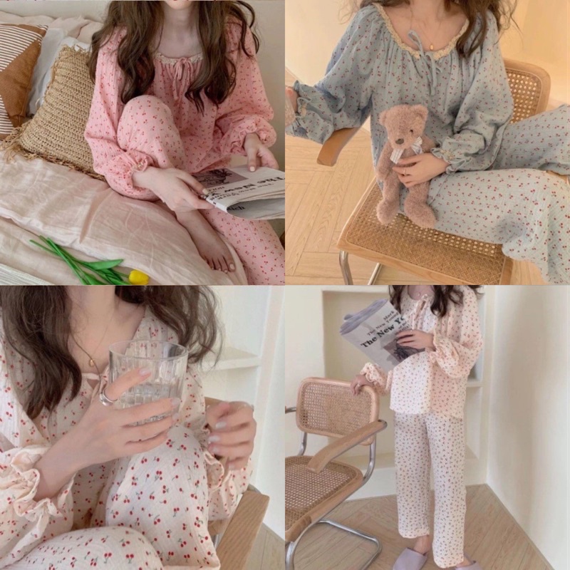 Set dài tay thiết kế kiểu dáng vintage, họa tiết cherry nhí, tay bèo nhún dễ thương, sang xịn chất lượng cao S065