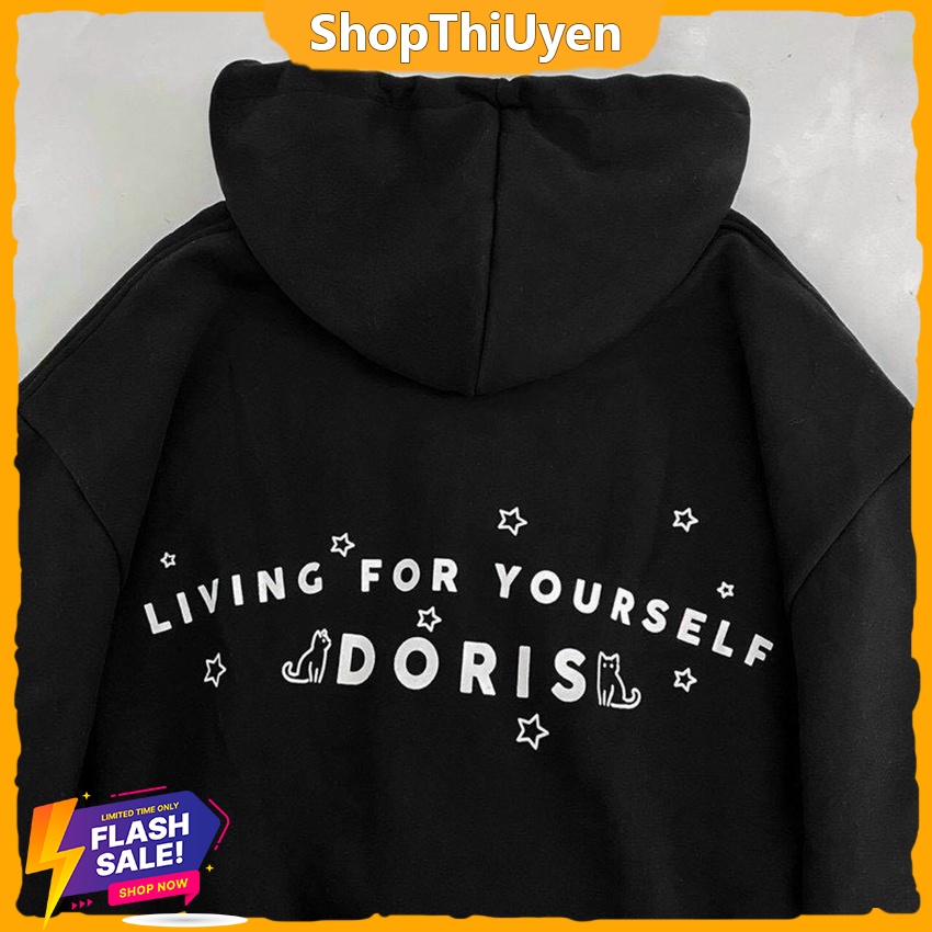 Áo khoác hoodie nỉ DORIS tay phồng dây khóa kéo màu đen đơn giản