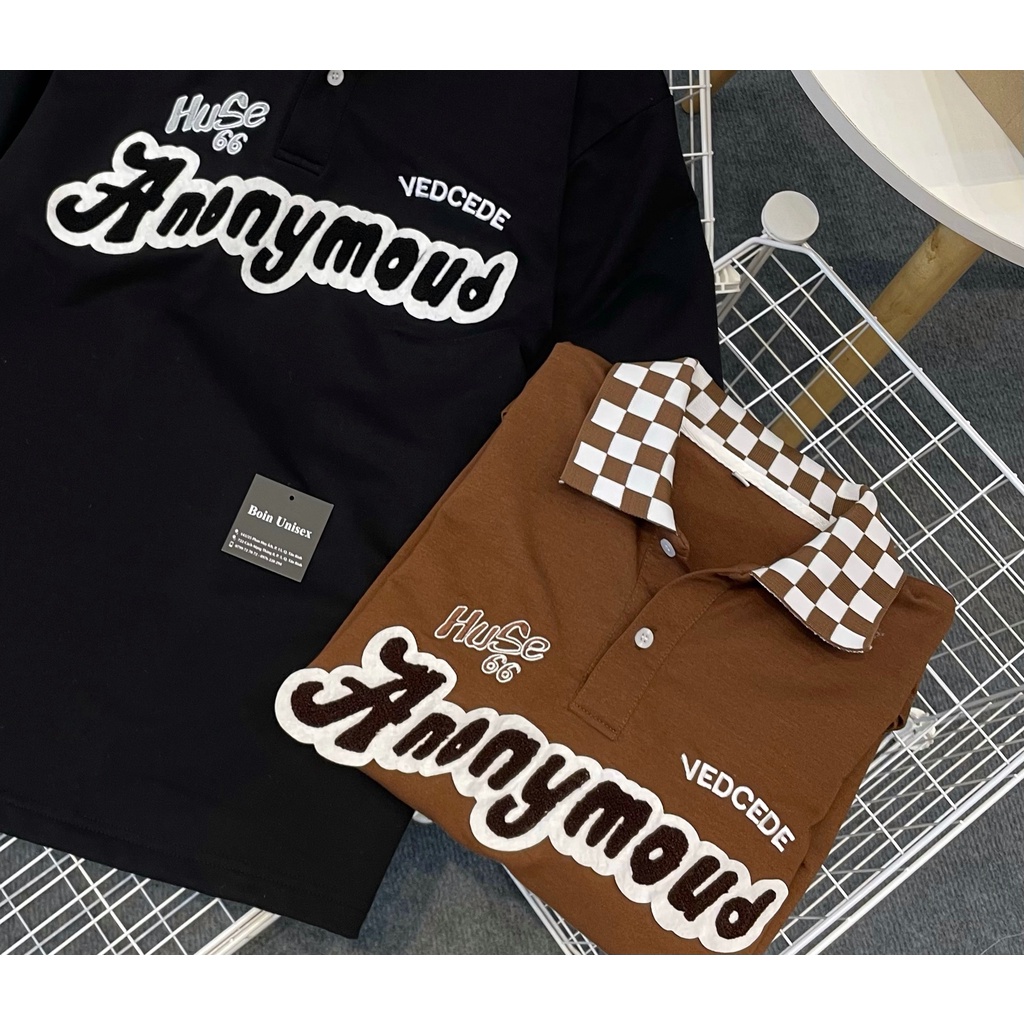Áo thun Polo cổ bẻ Caro Boin thêu xù ANONY, Polo from rộng unisex vải thun da cá cao cấp 4 chiều phù hợp cho nam và nữ