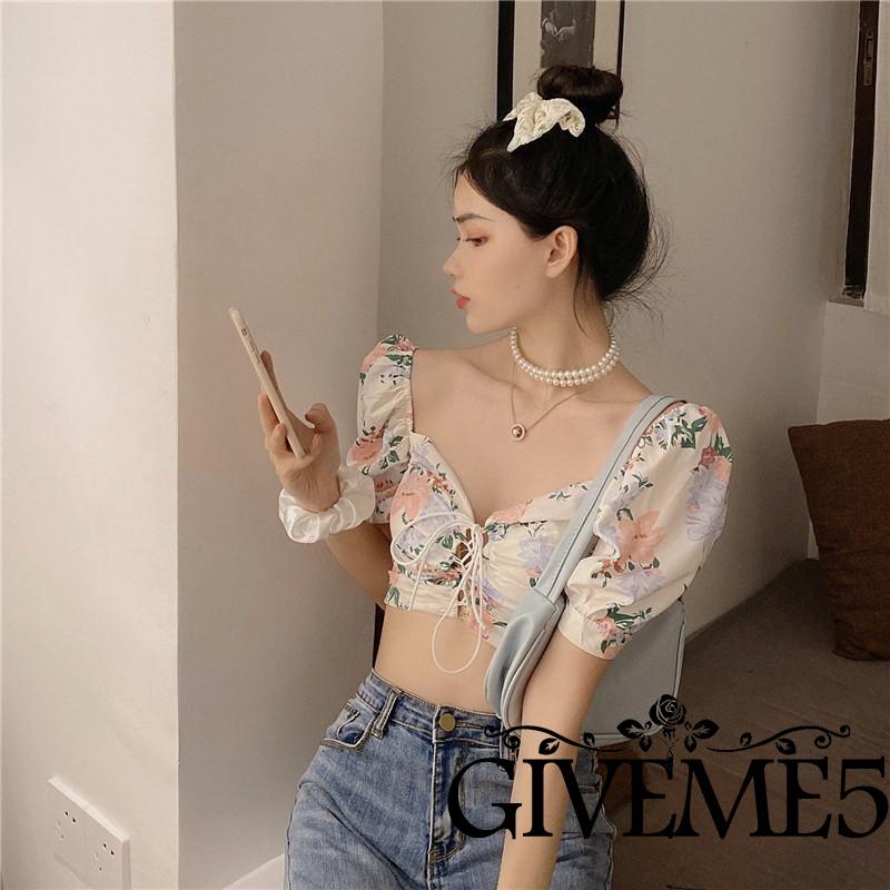 Áo Croptop Cổ Chữ V Tay Phồng Họa Tiết Hoa Thời Trang Cho Nữ