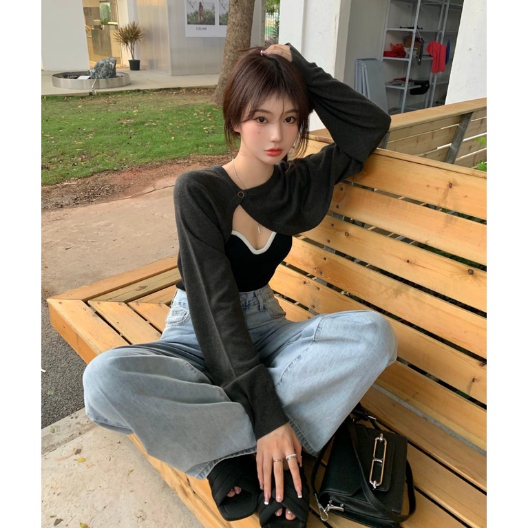 Set áo khoác cardigan ngắn dài tay + áo hai dây dệt kim màu tương phản thời trang cho nữ