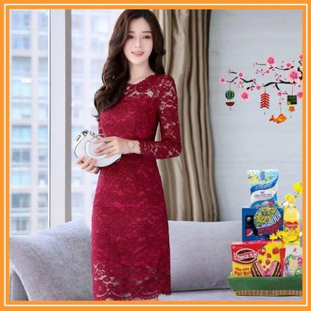 SHOP DẠ HỘI  Đầm Ren Body Họa Tiết Hoa Nổi Tay Dài tặng hoa tai thời trang xinh xắn