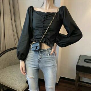 Áo Sơ Mi Cổ Vuông Croptop [ Có ảnh thật order 5 - 7 ngày ]