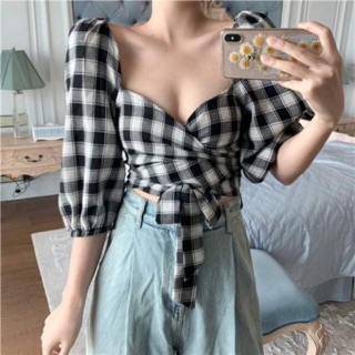 Áo croptop caro cúp ngực buộc dây nơ eo