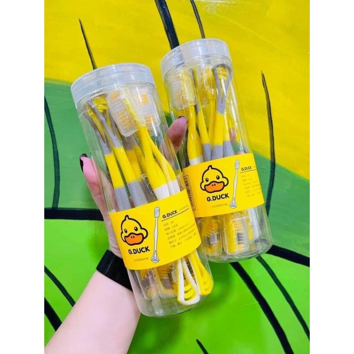 Set 8 Bàn chải G.DUCK vịt vàng 2 đầu làm sạch răng và lưỡi tiện lợi