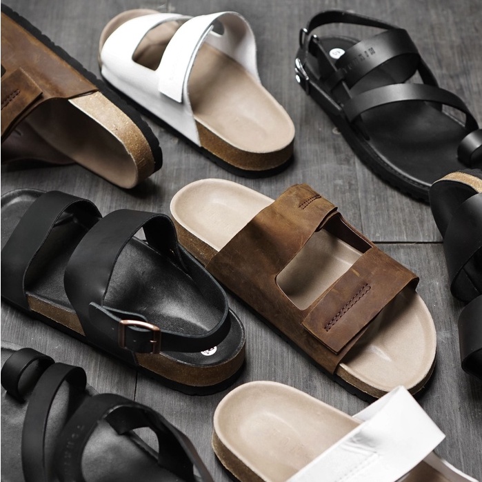 Dép Đế trấu nam BIRKEN STOCK trắng QUAI DÁN Da thật 2 lớp unisex CHỐNG THẤM MỒ HÔI chịu nước thương hiệu TONKIN