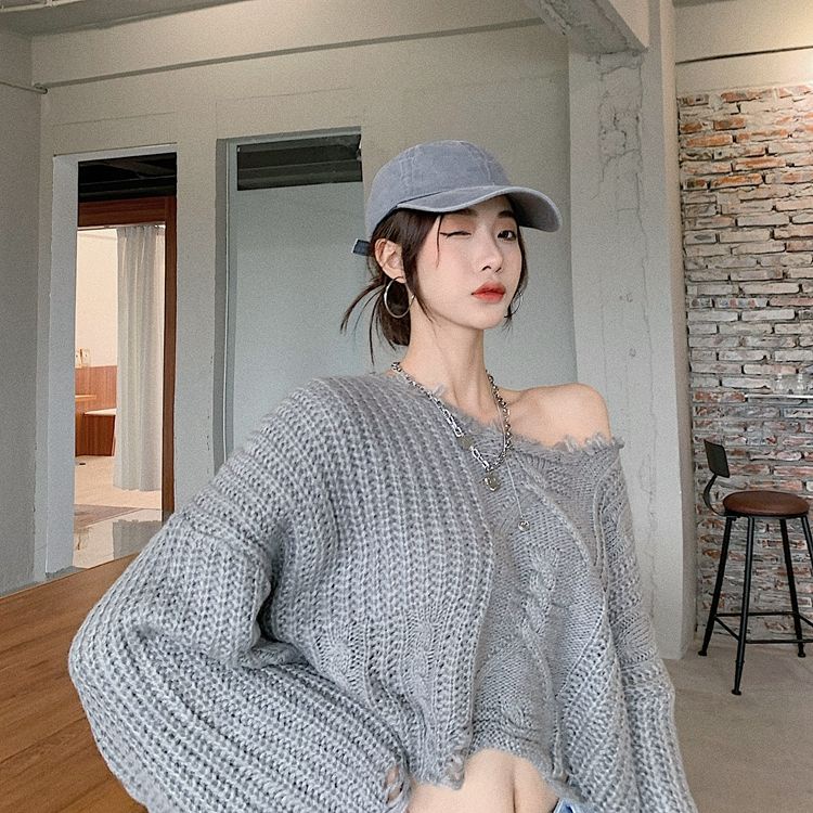 Áo Sweater Dệt Kim Dáng Rộng Viền Thô Phong Cách Phương Tây Thời Trang Xuân Thu