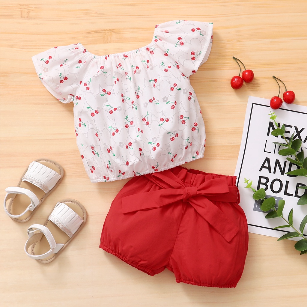Set đồ 2 món Mikrdoo gồm áo tay cộc in họa tiết quả cherry + quần ngắn màu đỏ thời trang mùa hè cho bé gái