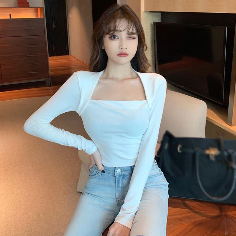 Áo Thun Tay Dài Cổ Vuông Màu Sắc Đơn Giản Phong Cách Hàn Quốc
