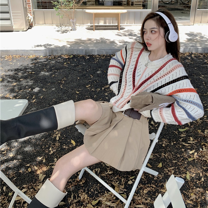 Áo Sweater Tay Dài Dáng Rộng Kẻ Sọc Cầu Vồng Thời Trang Cá Tính