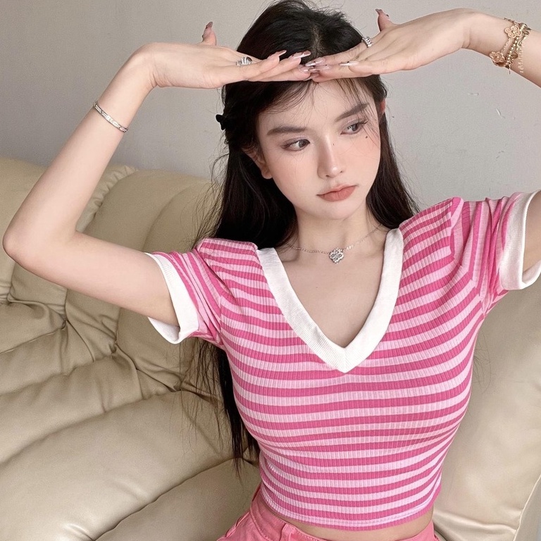 Áo Thun Dệt Kim Trễ Vai Họa Tiết Kẻ Sọc Phong Cách Quyến Rũ