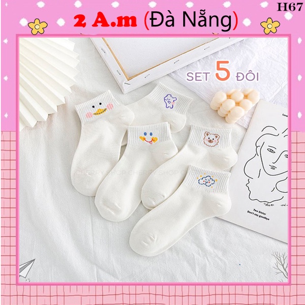 Tất Vớ Cổ Ngắn Nữ Tone Màu Trắng Họa Tiết Dễ Thương Thời Trang Đẹp Vải Cotton