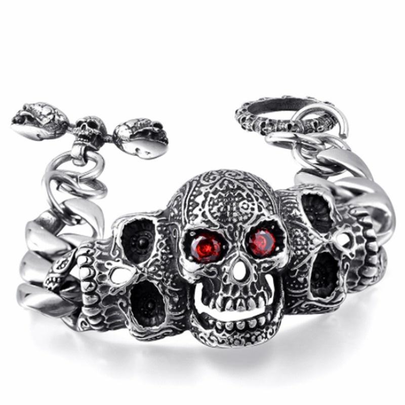 Vintage Gothic Thép không gỉ Nam Punk Skull Ruby Vòng tay & Vòng tay Trang sức