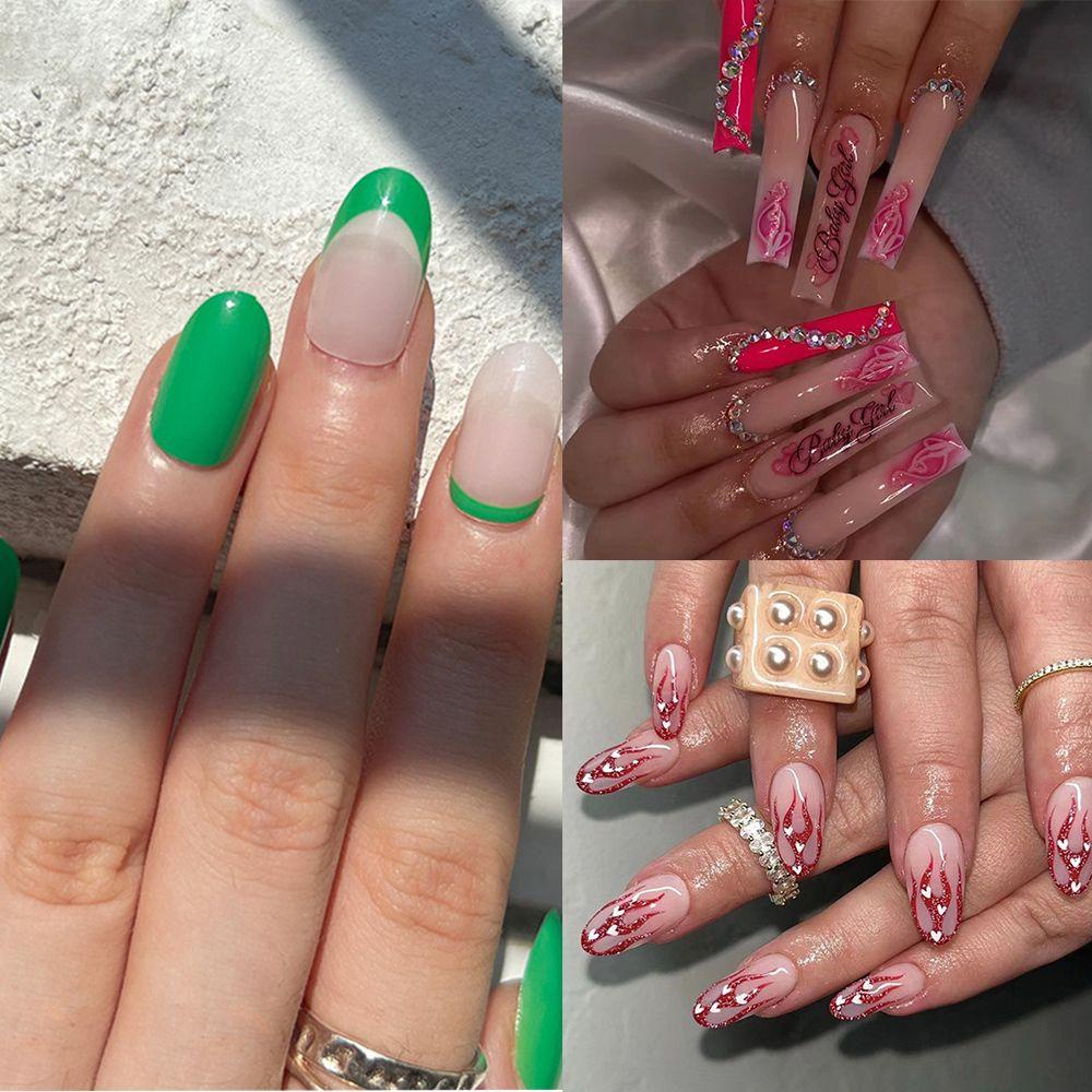 Set 24 Móng Tay Giả Dài Màu Xanh Lá / Đen Có Thể Tháo Rời