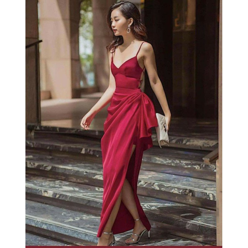 Đầm maxi 2 dây đan lưng thả tà