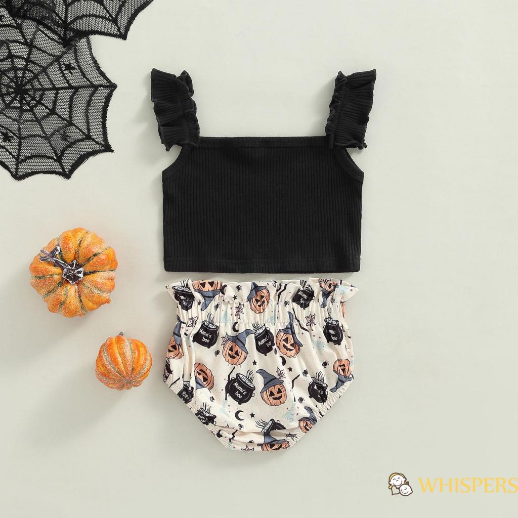Set Đồ Halloween 2 Món Gồm Áo Sát Nách + Quần Ngắn Ống Loe In Họa Tiết Bí Ngô Cho Bé Gái 0-5 Tuổi