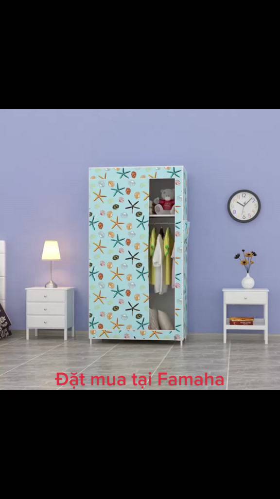 Tủ vải đựng quần áo 1 buồng 2 ngăn họa tiết 3D khung inox cửa rèm tháo lắp tiện lợi, tủ quần áo sinh viên Famaha | BigBuy360 - bigbuy360.vn