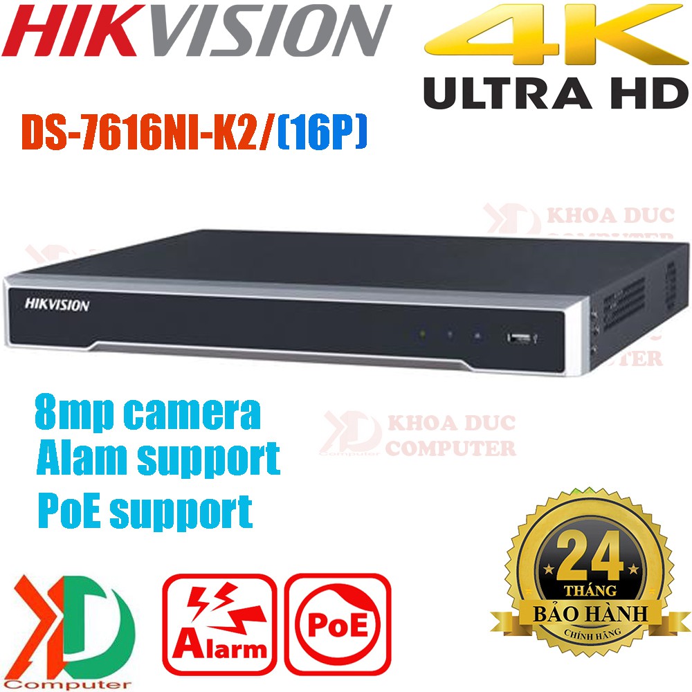 Đầu ghi hình 16 kênh camera ip 8mp HIKVISION DS-7616NI-K2/(16P) 4K Ultra HD, PoE, bảo hành chính hãn