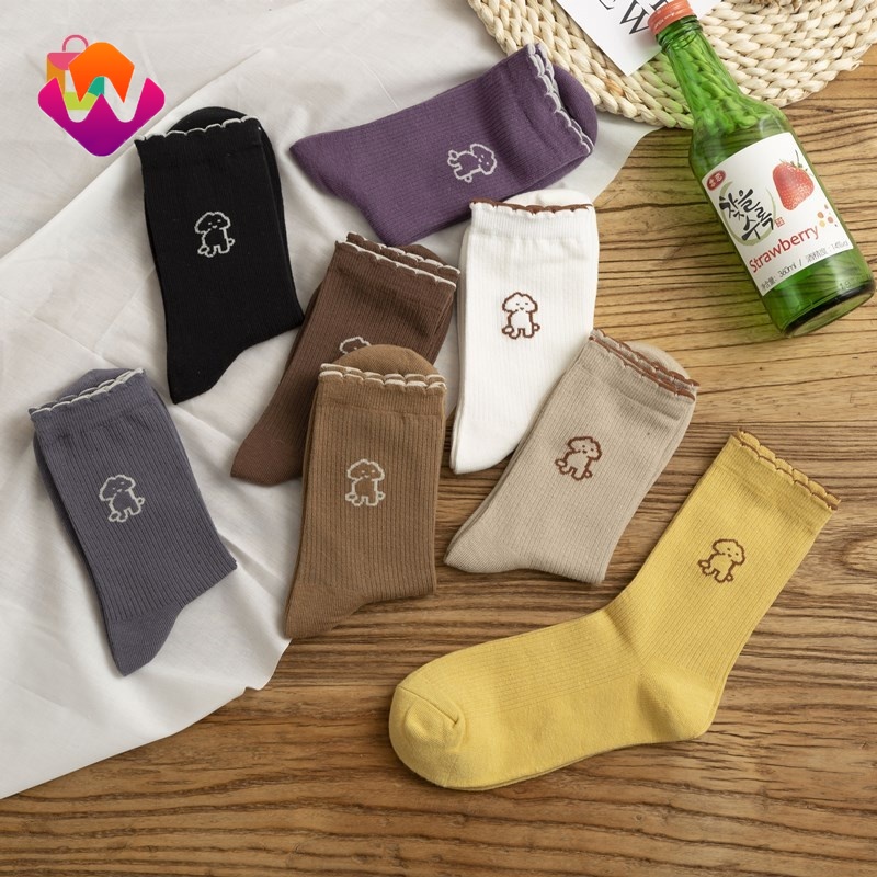 1 Đôi tất bằng cotton màu trơn họa tiết chú cún dễ thương cho nữ