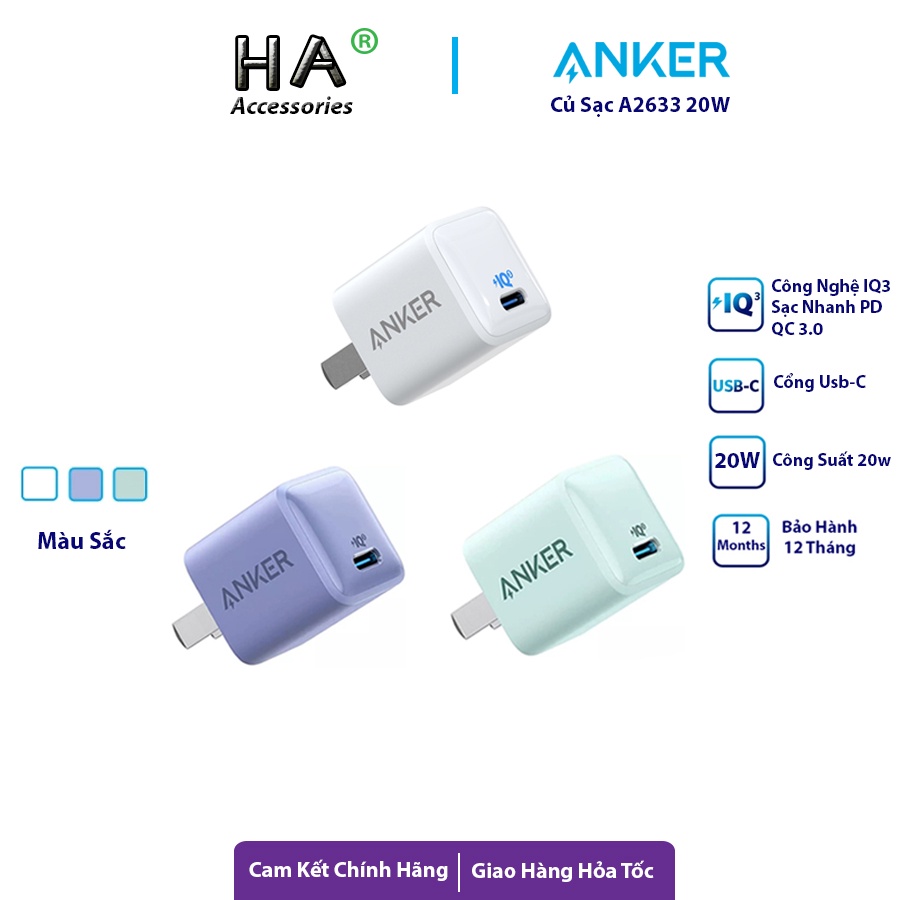 Củ Sạc Anker PowerPort III Nano A2633 20W Công nghệ iQ3 Sạc Nhanh iP, Androi