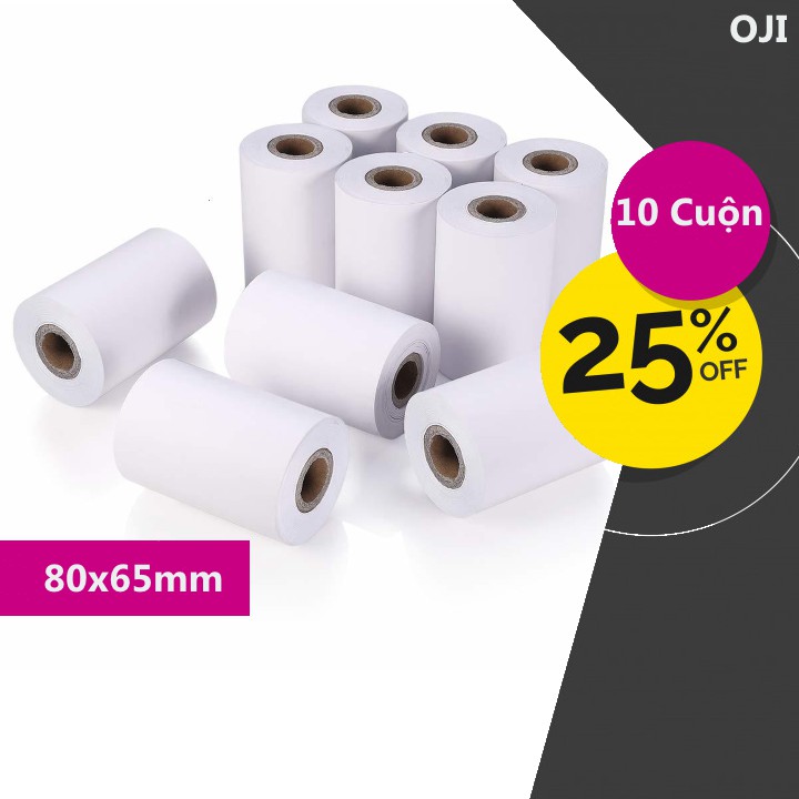 Bộ 10 Cuộn Giấy In Nhiệt Oji Khổ K80 Cho Máy In Bill Đường Kính 65mm (80mm x 65mm)