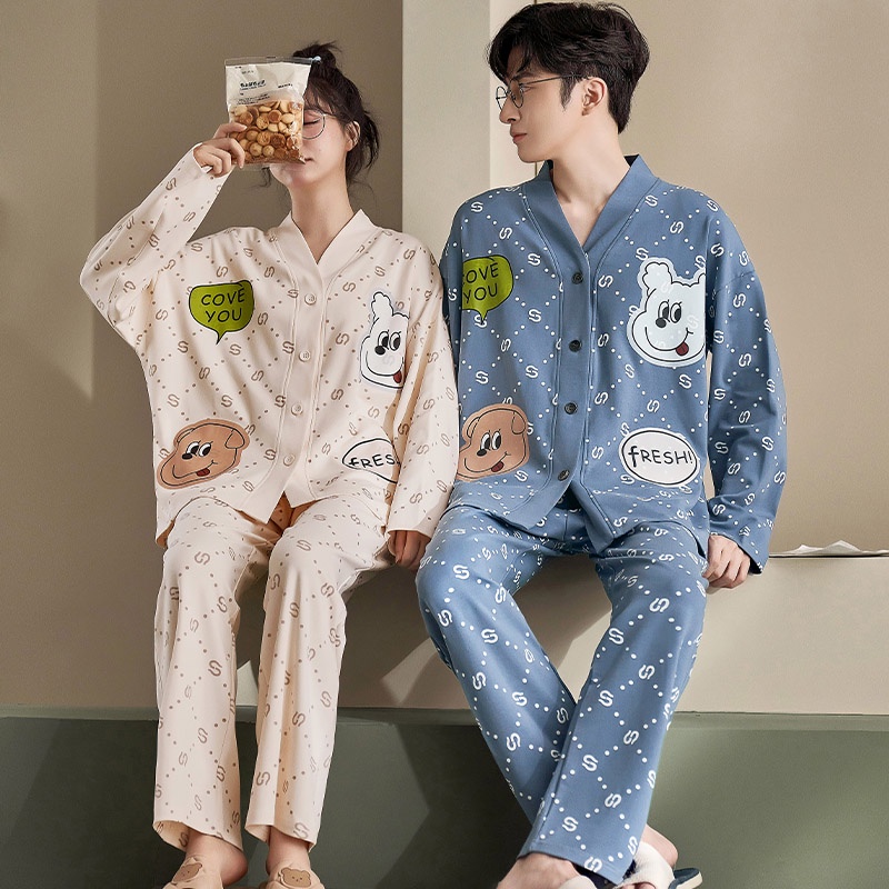 Bộ Đồ Ngủ Cotton Tay Dài Cổ Chữ V Có Túi In Họa Tiết Đơn Giản Thoải Mái Cho Cặp Đôi