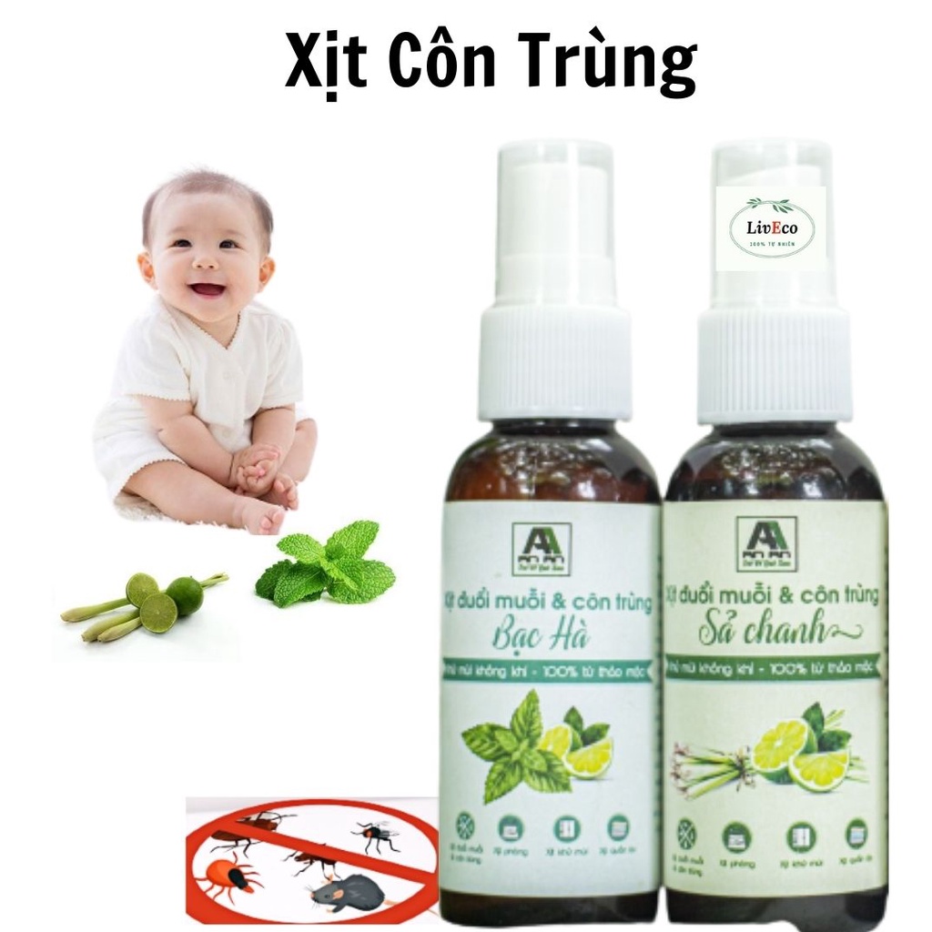 Xịt Côn Trùng Cho Bé KHÔNG Mùi HÓA CHẤT, 100% Thảo Mộc Combo tinh chất Sả Chanh, Bạc Hà đuổi muỗi côn trùng an toàn