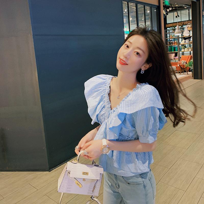 Áo Sơ Mi Ngắn Tay Cổ Chữ v Họa Tiết Kẻ Sọc Màu Xanh Dương Phong Cách Hàn Quốc Cho Nữ JL-TX-256