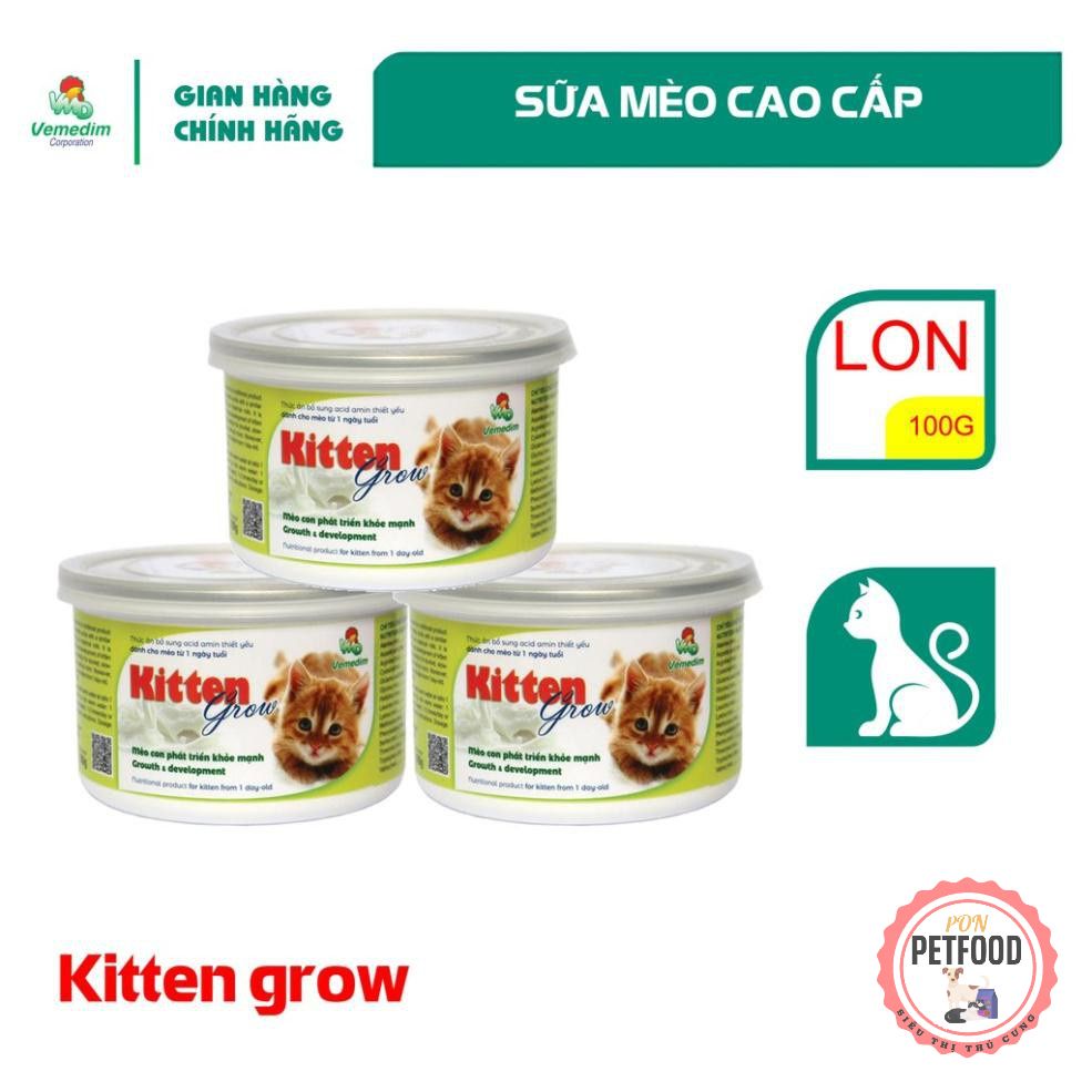 Vemedim Kitten Grow sữa cao cấp dành cho mèo con, bổ sung acid amin thiết yếu cho mèo con từ 1 ngày tuổi, lon 100g