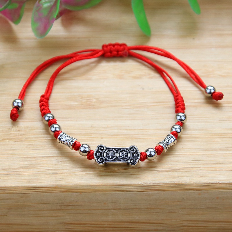 (HCM) Vòng Tay EBI Chỉ Đỏ Phối Cham Bạc May Mắn Dây thắt rút tùy chỉnh độ rộng phù hợp cho nam và nữ