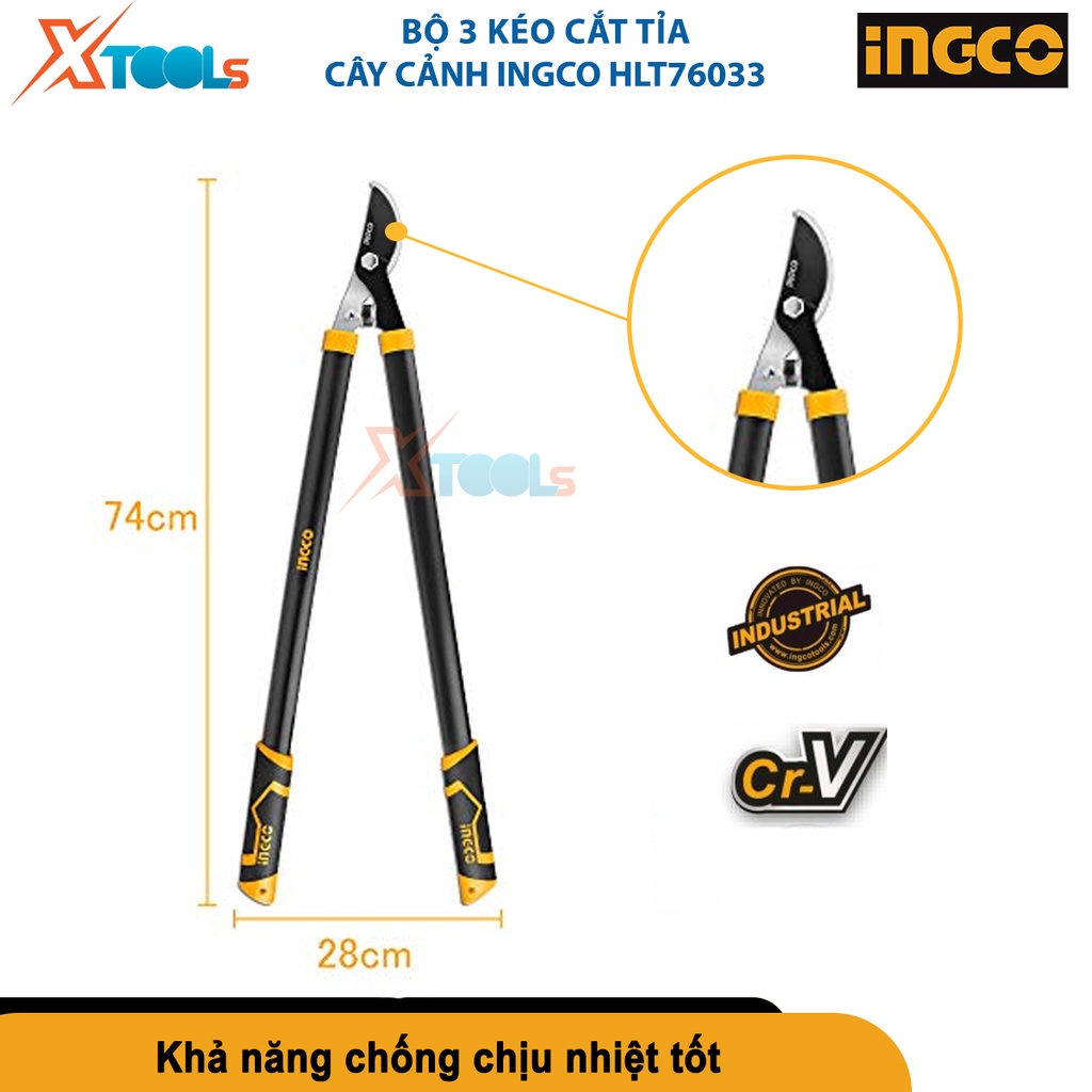 Bộ 3 kéo cắt tỉa cây INGCO HLT76033 dùng chất liệu thép Cr-V, kích thước 74cm, 58cm, 22cm [CHÍNH HÃNG][XTOOLS]