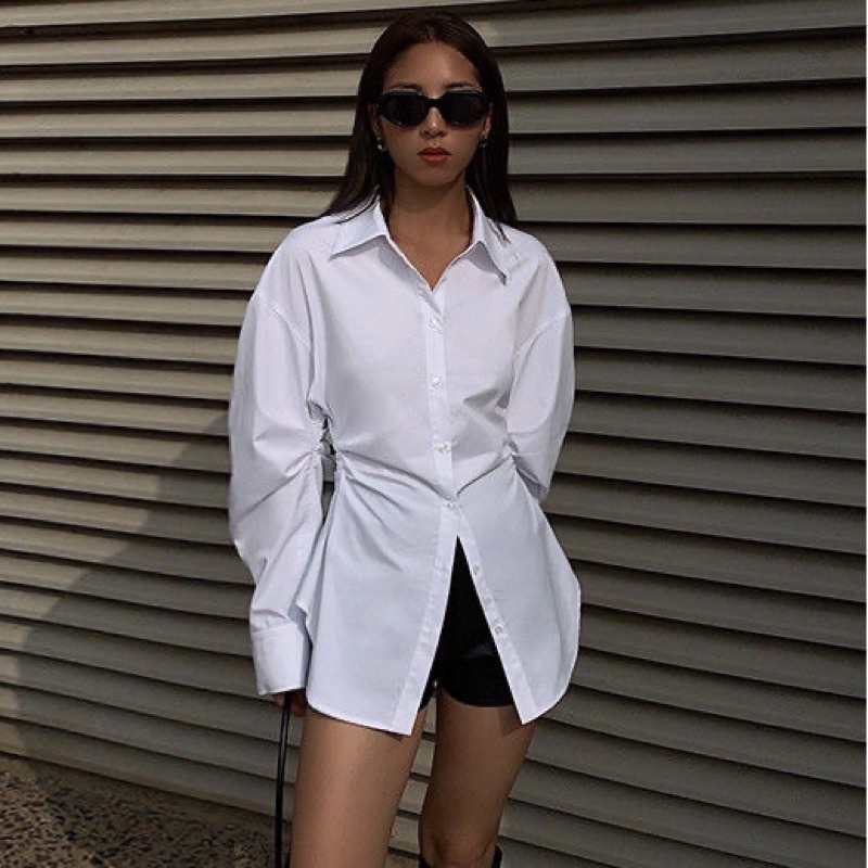 Áo sơ mi nữ trắng dài tay có chun eo phong cách cá tính sexy chất thô mềm dày dặn SẴN