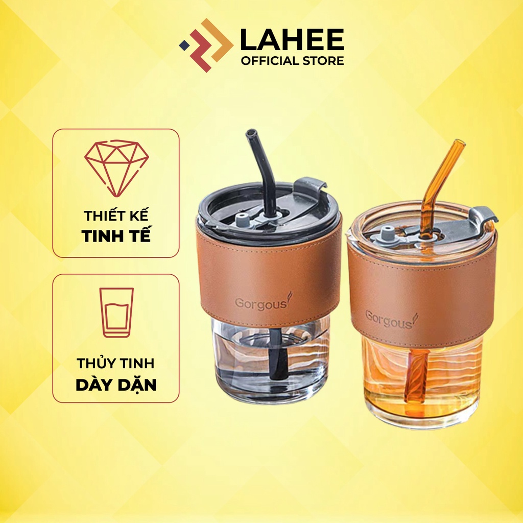 Cốc thuỷ tinh Gorgous 450ML vỏ bao da chịu nhiệt có nắp, ống hút - LAHEE 15CNBD