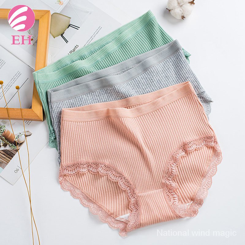 Quần lót cotton lưng cao viền ren thoáng khí cho nữ
