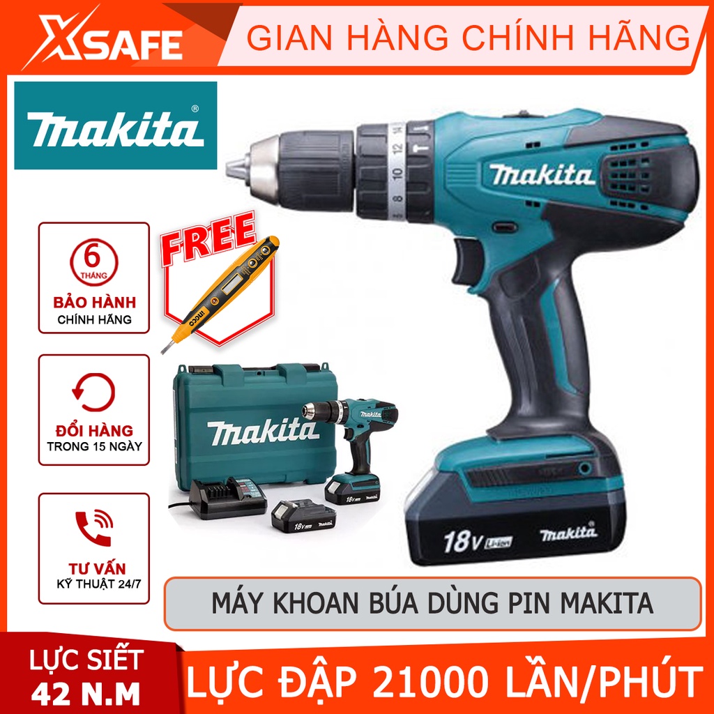 Máy khoan pin MAKITA HP457DWE 18V Máy khoan búa dùng pin chức năng đảo chiều tiện lợi, dùng khoan thép, gỗ - [XSAFE]