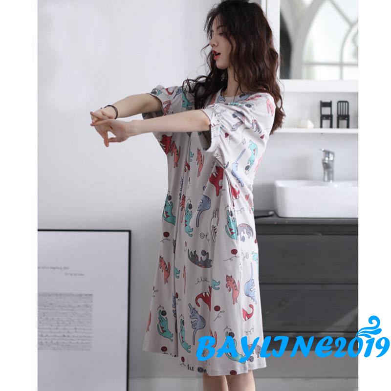 Đầm Ngủ Ngắn Tay In Họa Tiết Dễ Thương Thời Trang Nữ