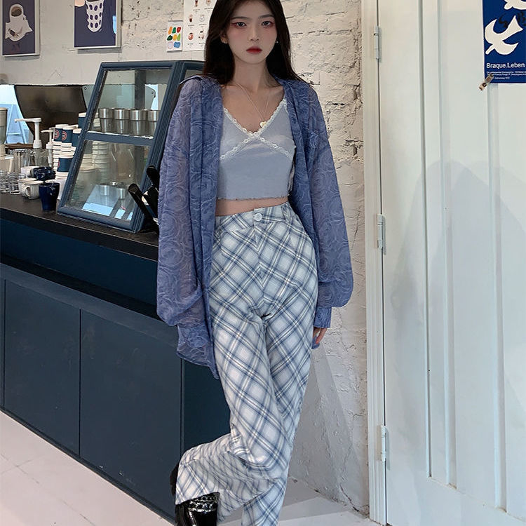 Plaid Split Flared Pants Women'S Summer 2021 New Korean Version Of Loose Casual All-Match Straight Wide Leg Trousers High Waist