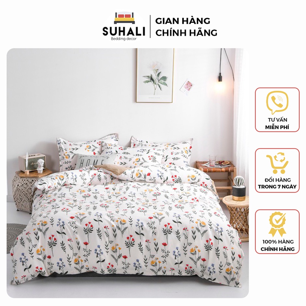 Bộ chăn ga giường cotton poly SUHALI họa tiết hoa lá mẫu mới 2021 gồm vỏ chăn mền, drap nệm và 2 vỏ gối