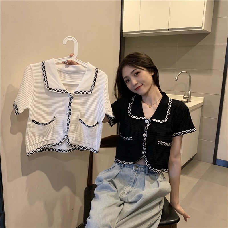 Áo Croptop Tay Ngắn, Có Viền, Áo Thun Cổ Sen Phong Cách Retro Hàn Quốc HH036 | BigBuy360 - bigbuy360.vn