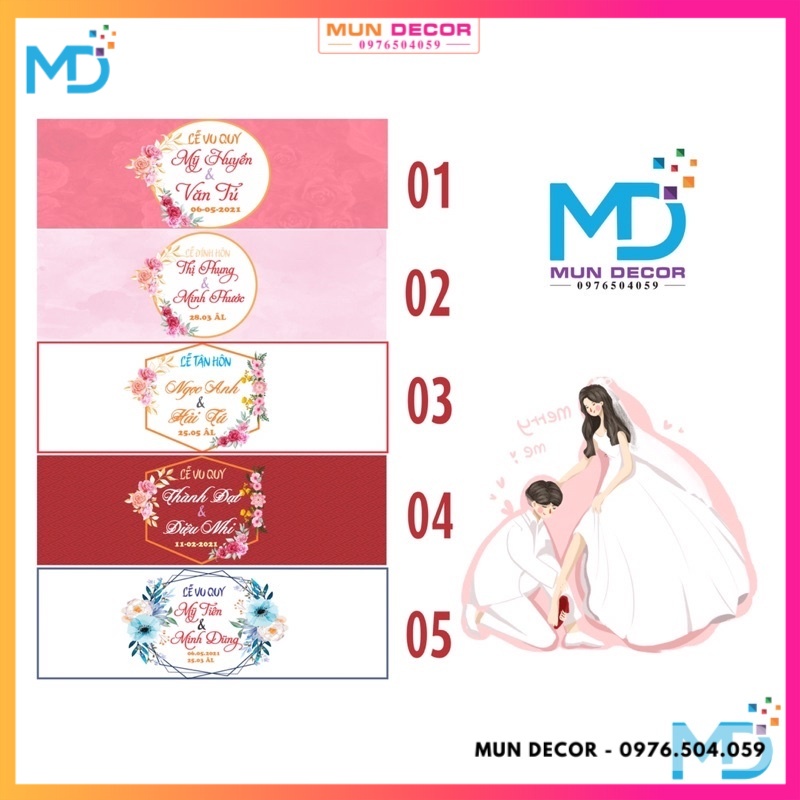 Set 50 Tem Chai Nước Suối Trang Trí Đám Cưới Tân Hôn Có Keo Dán Sẵn