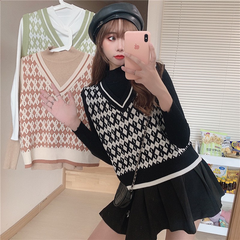 SUXI Áo Len Nữ Không Tay Cổ Chữ V Phong Cách Hàn Quốc