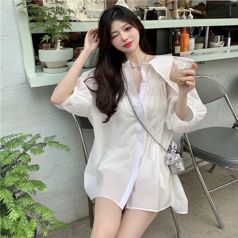 Áo sơ mi tay ngắn phồng cổ thủy thủ dáng rộng thời trang mùa hè Hàn Quốc mới cho nữ