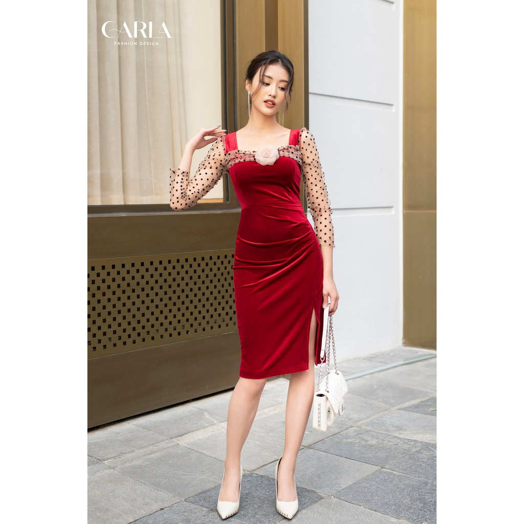 Váy nhung ôm body tay ren chấm bi sang chảnh V35 CARLA