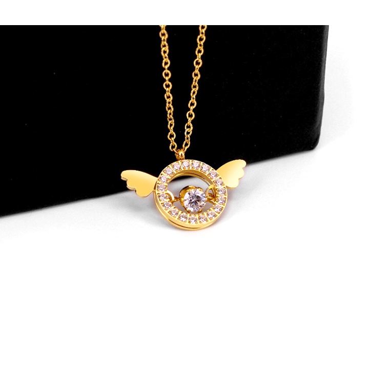 Dây chuyền titan mặt tròn đính đá phối đôi cánh không gỉ