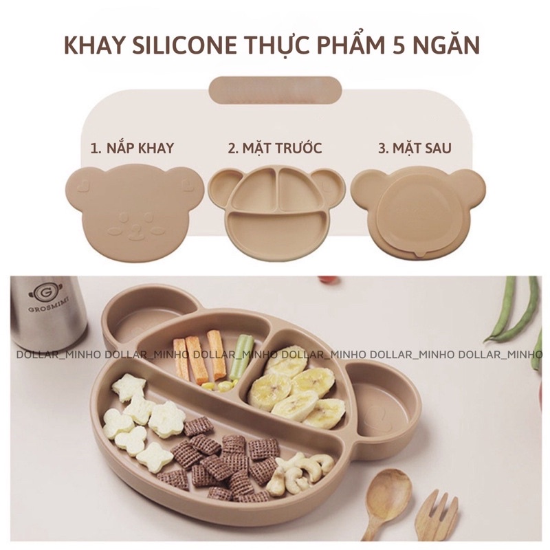(Có hộp) Khay ăn dặm silicone cao cấp 5 ngăn hình gấu có nắp cho bé từ 5M, có đế hít chống trượt đổ, BPA FREE