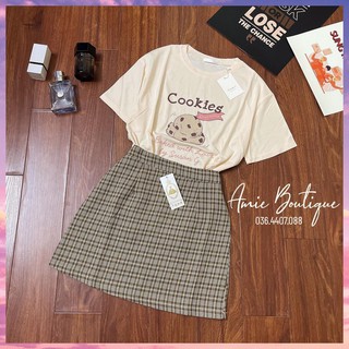 Set áo phông kèm chân váy kẻ siêu xinh.chân váy kẻ mix áo phông . set áo thun nude mix chân váy .