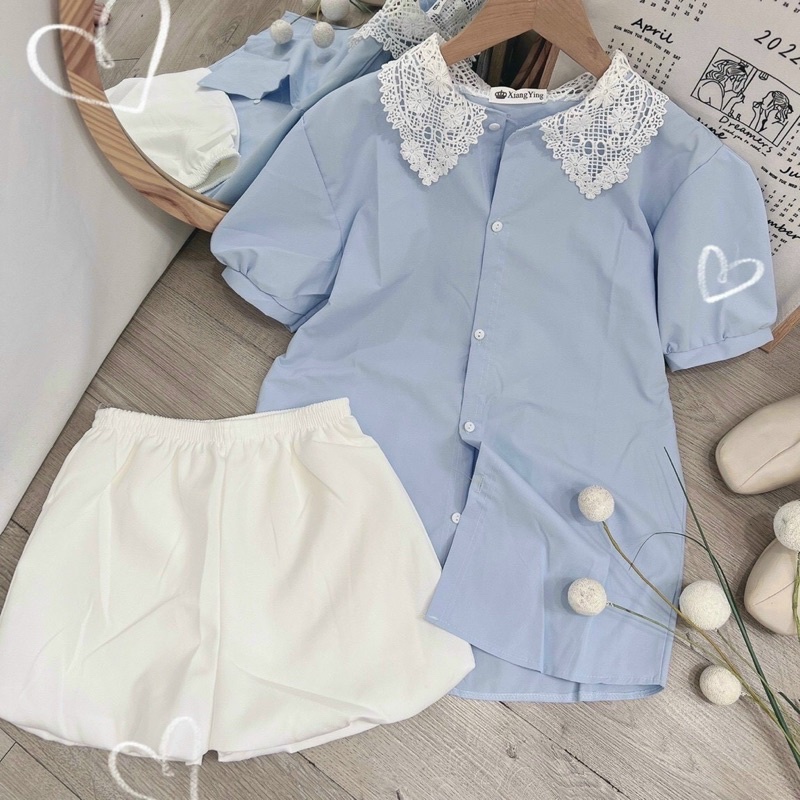 ‼️set áo cổ sen ren + quần sọt