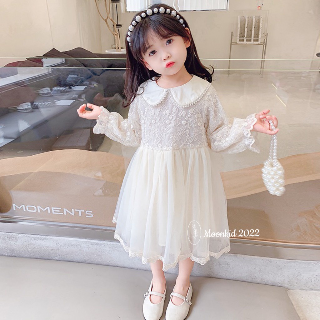 Váy bé gái ren hoa công chúa dài tay cao cấp khóa sau lưng 8-20kg