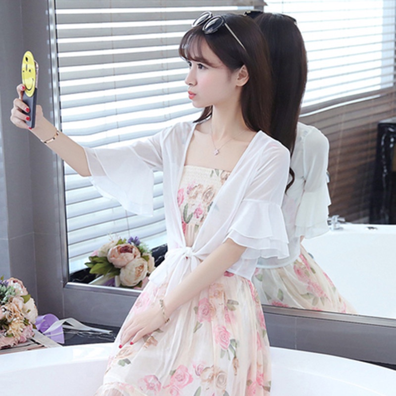 [Sẵn từ S-XXL] Áo khoác voan thắt nơ tay phối tầng
